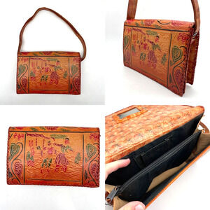 Vintage 80s Handmade Tooled/Painted Leather Shantiniketan Village Shoulder Bag